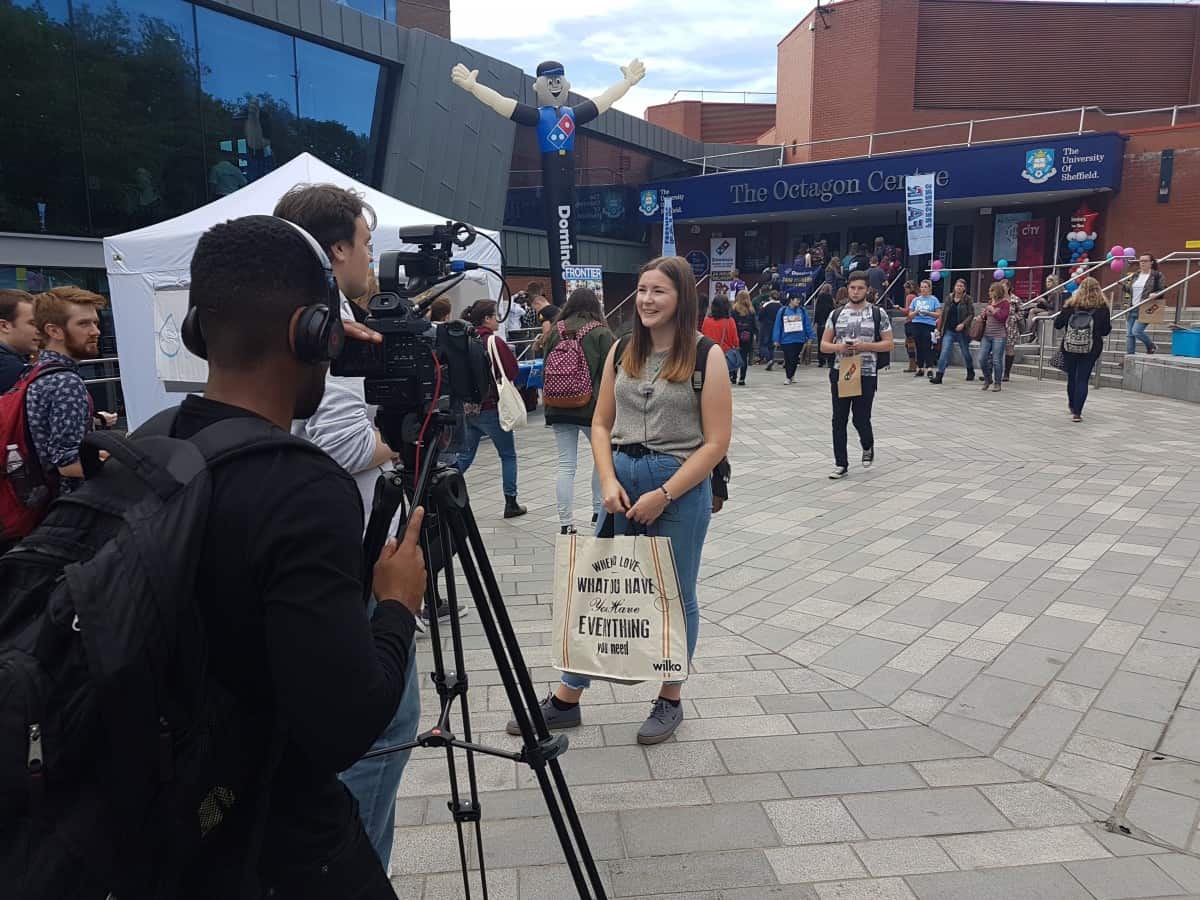 Oncampus filming. Videographer filming students after attending a freshers fair. Brand Insight, Consumer Behaviour and Quantitative and Qualitative Research, focus groupsBAM Agency