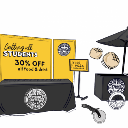 BAM Agency Illustration of a promotional setup for Pizza Express, featuring a yellow and black theme. Includes banners stating 30% off all food & drink for students, a bicycle cart with umbrella, a refrigerator, pizzas, and a stand offering free pizza. BAM Agency