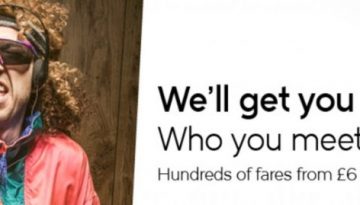 BAM Agency A person with curly hair, vibrant jacket, and goggles smiles excitedly. Text reads, Well get you to London. Who you meet is up to you. Hundreds of fares from £6 one-way. Part of our youth marketing campaign. The National Express logo sits proudly at the top right corner. BAM Agency