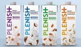 BAM Agency Four cartons of Plenish organic plant-based milk are lined up, showcasing the power of plants. Flavors include hazelnut, coconut, almond, and cashew. Each carton displays images of nuts and vibrant text. The background is a soft blue gradient, highlighting the plant power campaign. BAM Agency