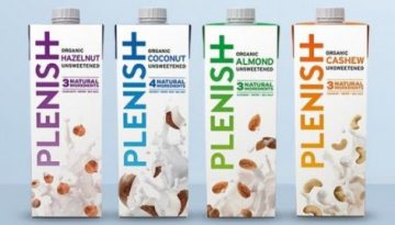 BAM Agency Four cartons of Plenish organic plant-based milk are lined up, showcasing the power of plants. Flavors include hazelnut, coconut, almond, and cashew. Each carton displays images of nuts and vibrant text. The background is a soft blue gradient, highlighting the plant power campaign. BAM Agency