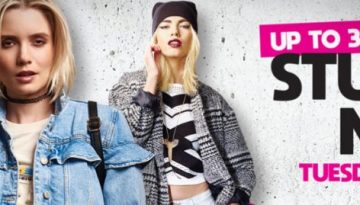 BAM Agency Fashionable young people posing with confident expressions at St David’s Shopping Centre. Text on the image reads, Up to 30% off Student Night, Tuesday 2 October, 4pm - 9pm. The background features bright colors and a textured grey pattern, setting the stage for an unforgettable 2018 event. BAM Agency