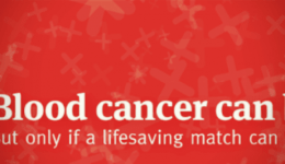 BAM Agency Red background with lighter red crosses. Bold white text states, Blood cancer can be cured. Below, smaller white text emphasizes, But only if a lifesaving match steps up in time. BAM Agency