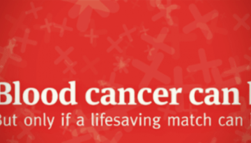 BAM Agency Red background with lighter red crosses. Bold white text states, Blood cancer can be cured. Below, smaller white text emphasizes, But only if a lifesaving match steps up in time. BAM Agency