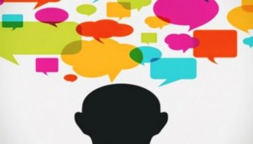 BAM Agency Silhouette of a person with colorful speech and thought bubbles, including circles, rectangles, and ovals, emerging from the top of the head against a light gray background. This imagery captures the essence of engaging with millennials through dynamic ideas and conversation. BAM Agency