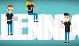 BAM Agency An illustration of five cartoon characters in casual clothing, sprinkled with the latest marketing strategy, interacting with technology on large 3D letters spelling MILLENNIALS. The teal background features a skateboarder and someone using a laptop. BAM Agency