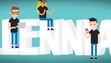 BAM Agency An illustration of five cartoon characters in casual clothing, sprinkled with the latest marketing strategy, interacting with technology on large 3D letters spelling MILLENNIALS. The teal background features a skateboarder and someone using a laptop. BAM Agency