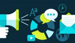 BAM Agency Illustration of key digital marketing elements: a hand holding a megaphone, pie chart, chat bubbles, envelope, clock, dollar sign, and light bulb. These symbols represent communication, finance, and technology tailored for the student market against a dark background. BAM Agency