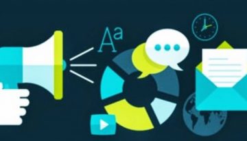 BAM Agency Illustration of key digital marketing elements: a hand holding a megaphone, pie chart, chat bubbles, envelope, clock, dollar sign, and light bulb. These symbols represent communication, finance, and technology tailored for the student market against a dark background. BAM Agency