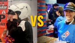 BAM Agency Two photos side by side with VS in the middle. Left: A booth with a Win a VIP Raceday sign. Right: People in blue shirts and one with a pizza restaurant cap, distributing items at an event—a lively clash of local charm versus global excitement. BAM Agency