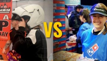 BAM Agency Two photos side by side with VS in the middle. Left: A booth with a Win a VIP Raceday sign. Right: People in blue shirts and one with a pizza restaurant cap, distributing items at an event—a lively clash of local charm versus global excitement. BAM Agency