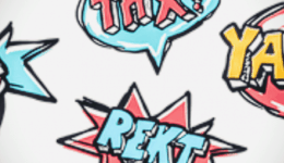 BAM Agency Comic-style speech bubbles with expressions: OMG in a blue starburst, THX! in a red burst, YAAAS! in a red and white burst, and REKT in a blue starburst, all outlined in black. Perfectly capturing the essence of slang for vibrant marketing campaigns or advice columns. BAM Agency