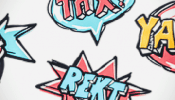 BAM Agency Comic-style speech bubbles with expressions: OMG in a blue starburst, THX! in a red burst, YAAAS! in a red and white burst, and REKT in a blue starburst, all outlined in black. Perfectly capturing the essence of slang for vibrant marketing campaigns or advice columns. BAM Agency