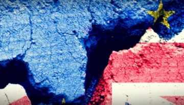 BAM Agency A cracked wall featuring the European Union flag on the left and the United Kingdom flag on the right vividly symbolizes Brexits effects, underscoring the divide. BAM Agency