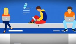 BAM Agency Illustration of three students using laptops, sitting on a large tablet surrounded by icons like shopping bags, social media messages, and clouds on a blue background. BAM Agency
