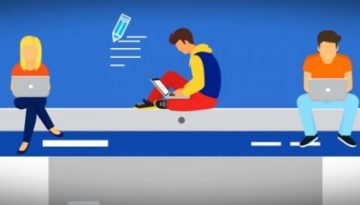 BAM Agency Illustration of three students using laptops, sitting on a large tablet surrounded by icons like shopping bags, social media messages, and clouds on a blue background. BAM Agency