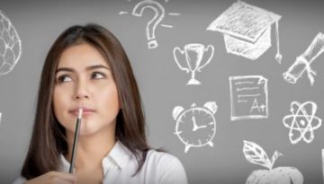 BAM Agency A woman holds a pen to her chin, appearing thoughtful. Surrounding her are chalk drawings on a gray background, including a brain, light bulb, and graduation cap—symbols of important facts every student should know. BAM Agency