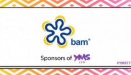 BAM Agency A logo features a stylized blue and yellow flower with BAM beside it. Below, the text reads Key Sponsors of YMS LDN with the hashtag #YMS17. The background boasts a gradient of pink, orange, and yellow zigzag lines. BAM Agency