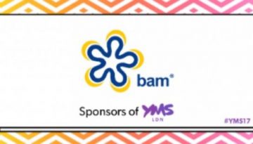 BAM Agency A logo features a stylized blue and yellow flower with BAM beside it. Below, the text reads Key Sponsors of YMS LDN with the hashtag #YMS17. The background boasts a gradient of pink, orange, and yellow zigzag lines. BAM Agency