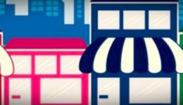 BAM Agency Illustration of four charming local businesses with colorful striped awnings in red, pink, blue, and green. Set against a city skyline backdrop with buildings, trees, and a streetlight, its an inviting scene that appeals to target students exploring their new neighborhood. BAM Agency