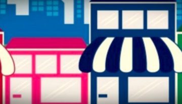 BAM Agency Illustration of four charming local businesses with colorful striped awnings in red, pink, blue, and green. Set against a city skyline backdrop with buildings, trees, and a streetlight, its an inviting scene that appeals to target students exploring their new neighborhood. BAM Agency