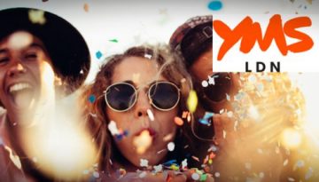 BAM Agency A group of people celebrating, wearing hats and sunglasses, with colorful confetti in the air. The image promotes YMS LDN, Europes largest festival of youth marketing, on March 21-22 at The Old Truman Brewery, Brick Lane. BAM Agency