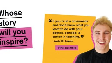 BAM Agency A young person smiles on the right against a white background, with a quote about considering a career in teaching. The left side reads, Whose story will you inspire? Theres a button that says Find out more and safely reconnect with the student market. BAM Agency