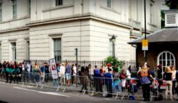 BAM Agency A long line of people eagerly awaits on the sidewalk outside a large, historic white building, hinting at an exciting event. Metal barricades divide the street, and behind them, a columned structure peeks through the trees like something out of a dead-or-alive mystery. BAM Agency