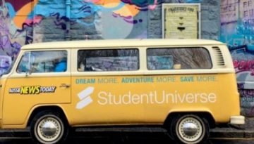 BAM Agency A vintage yellow van with StudentUniverse branding is parked in front of a vibrant, colorful mural with abstract and graffiti art, echoing the lively energy of the Aussie News Today Tour and adding a dynamic urban vibe to the scene. BAM Agency