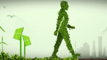 BAM Agency A figure made of green foliage, embodying environmentally aware millennials, walks alongside wind turbines and solar panels. In the background, industrial factories and oil pumps emit smoke, contrasting sustainable energy with traditional industry. The sky is overcast, with birds flying overhead. BAM Agency